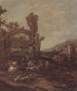 An architectural capriccio with a cavalry engagement,a landscape beyond